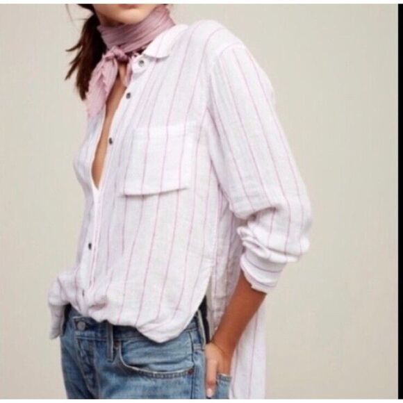 Rails x Free People Charli Button Down Shirt Linen Blend Pink Stripe Women’s M - Picture 13 of 13